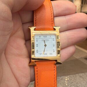 Hermès Orange Swift Leather Heure H Medium Model 30mm Watch